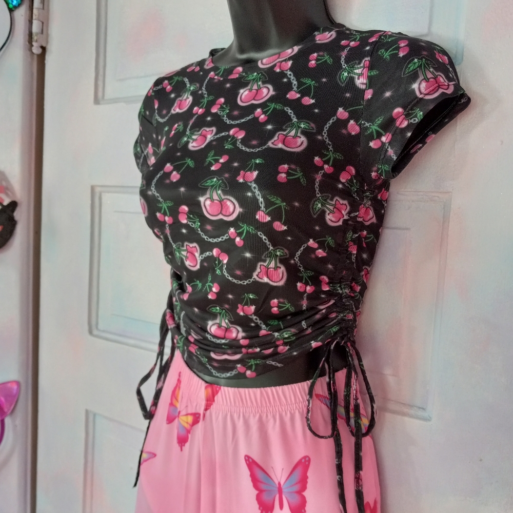 SOLD! Dolls Kill cherries ruched baby doll top! Sheer mesh kawaii cute nwt top! - Picture 12 of 13